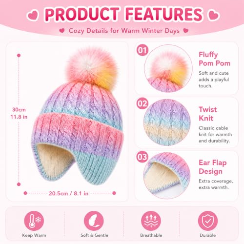 Girls Rainbow Earflap Beanie, Kids Pom Pom Knit Winter Ski Hat Ages 3-8 - color: Pompom - Multicolor