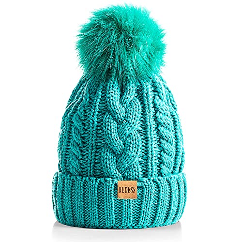 REDESS Women Winter Pompom Beanie Hat with Warm Fleece Lined Thick Slouchy Snow Knit Hat Skull Ski Cap - color: Mint Green