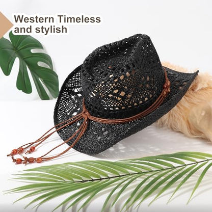 AQOKKA Straw Cowboy Hats for Women Men Western Cowgirl Hats with Shapeable Brim Woven Hollow Out Unisex Beach Roll Up Caps - color: Black Beads Cowboy Hat