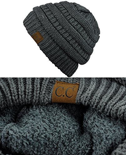 C.C Unisex Chunky Soft Stretch Cable Knit Warm Fuzzy Lined Skully Beanie - color: Dark Melange Gray