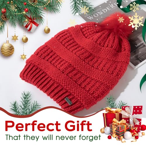 TOP-EX Winter Wool Slouchy Beanie for Women, Warm Faux Fur Pom Hat - color: Red_satin Lined