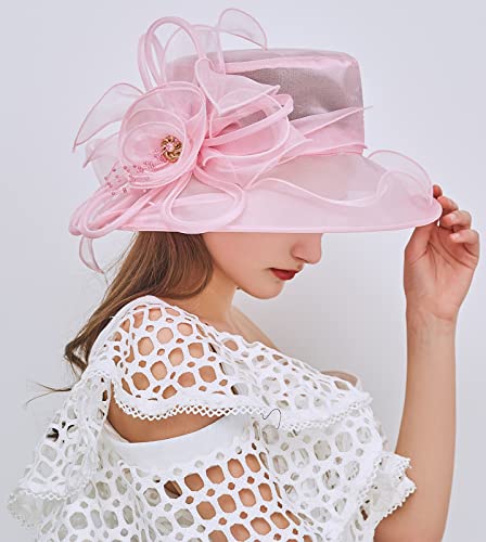 Women's Kentucky Derby Church Dress Hat Wide Brim Leaf Flower Bridal Shower Hat - color: F8 Pink