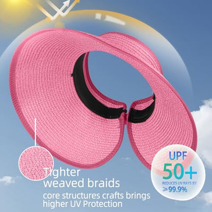 Women's Sun Visor Hats Wide Brim Straw Beach Hat Ponytail Hats for Women Foldable Floppy - color: 1pack-pink