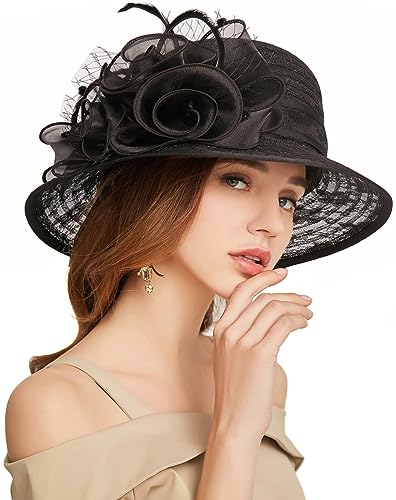 Women's Kentucky Derby Church Dress Hat Wide Brim Leaf Flower Bridal Shower Hat - color: R1 Black