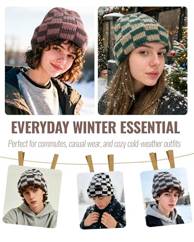 CLAPE Womens Cute Slouchy Beanies Hats, Winter Warm Chunky Checkered Beanie Large Cuff Knitted Hat Ski Cap for Cold Weather - color: Kh56-black-white