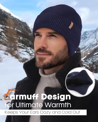 FURTALK Mens Winter Fleece Lined Beanie with Earflaps - color: Navy