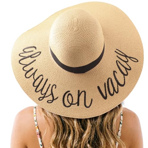 DRESHOW Big Straw Sun Hats for Women Floppy Foldable Roll up Beach Cap Sun Hat UPF 50+ Vacation Honeymoon Embroidered Hat - color: Ae Always on Vacay: Khakiv