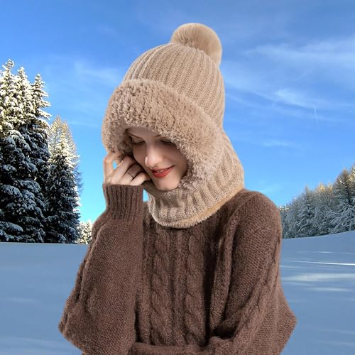 HUAMULAN Women Winter Knit Beanie Hats One Piece Fleece Lined Balaclavas - color: Khaki + Faux Fur