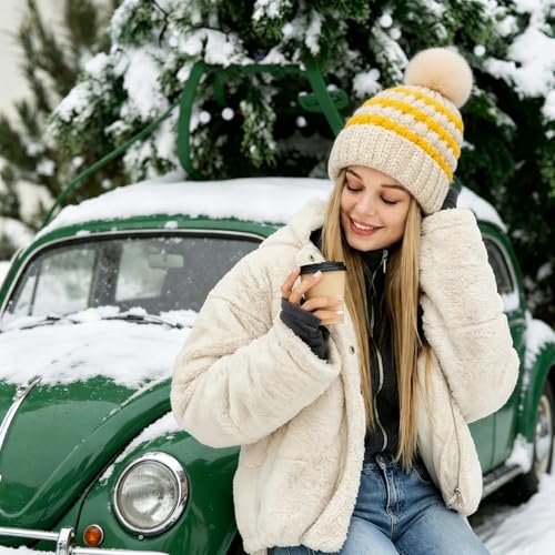 Winter Hats for Women Cable Knit Chunky Skull Cap Fleece Lined Thick Fold Cuff Beanie hat - color: Ginger& Cream Beanie, style: Pineapple