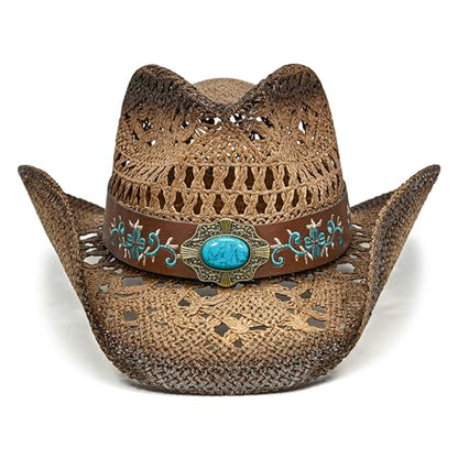 FLUFFY SENSE. Cowgirl Hats for Women Straw Cowboy Hat Western Beach Sun Hat with Shapeable Brim for Coastal Cowgirl - color: Pecan Brown