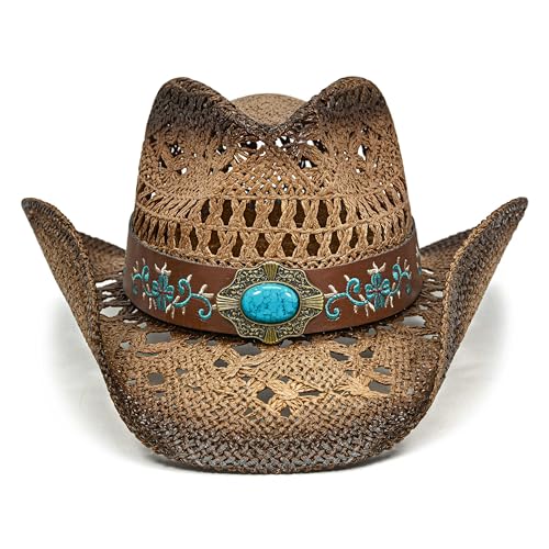 FLUFFY SENSE. Cowgirl Hats for Women Straw Cowboy Hat Western Beach Sun Hat with Shapeable Brim for Coastal Cowgirl - color: Pecan Brown