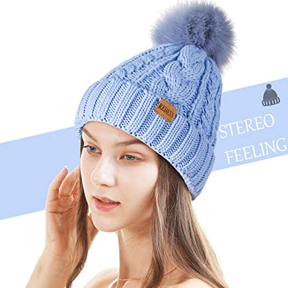 REDESS Women Winter Pompom Beanie Hat with Warm Fleece Lined Thick Slouchy Snow Knit Hat Skull Ski Cap - color: Light Blue