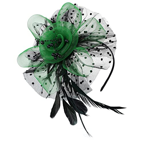 Zando Kentucky Fascinators Hats for Women Derby Tea Party Hat Flower Mesh Feathers Headband Headwear Hair Clip Girls - color: Green With Black Hair