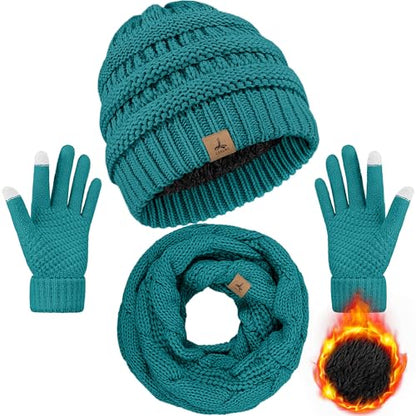 LOROME Winter Beanie Hat Scarf Gloves, Warm Fleece Knit Neck Scarf Set Gift - color: Blue Green
