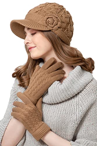 Womens Winter Elegant Cable Flower Knitted Newsboy Cabbie Cap Beret Beanie Hat with Visor, Warm Plush Fleece Lined - color: Camel Cable Flower-hat Gloves Set