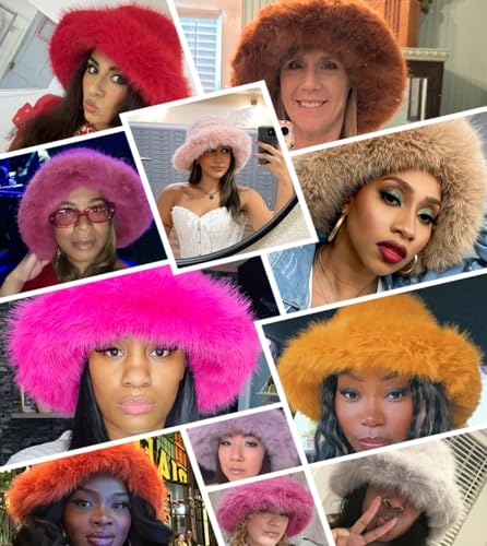 Lina & Lily Oversized Winter Faux Fur Bucket Hat for Women - Long Pile Fur Wide Moldable Brim - color: Ice Pink
