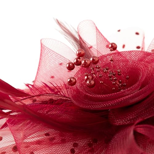 WLBON Fascinators Hat 20s 50s Headband Hair Clips Flower Mesh Veil Feather Headpiece Headwear Women Halloween Carnival Cocktail Wedding Church Cosplay Dress Up Birthday Tea Party Accessories Burgundy - color: Burgundy Tone