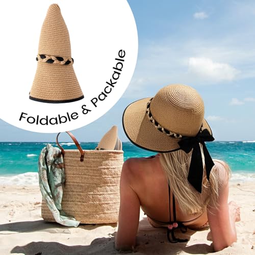 Pleneal Beach Sun Staw Hats for Women, UPF 50+ Foldable Wide Brim Sun Hat - color: Khaki - a