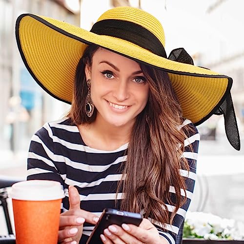 AQOKKA Beach Hats for Women Men Big Straw Wide Brim Summer Hat Floppy Foldable Roll up Cap for Beach Outdoor UPF 50+ - color: 1 Pack: Bow Knot Yellow