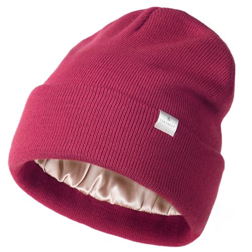 YANIBEST Satin Lined Beanie for Women, Reduce Frizz Winter Hats - color: Ad-hot Pink