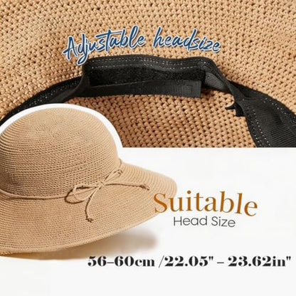 Straw Bucket Hats for Women Beach Sun Hat Foldable Packable Handmade Sun Protection Floppy Travel - color: Khaki-brim3.9"