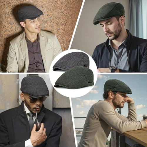Senker Fashion 2 Pack Newsboy Cap for Men, Wool Blend Tweed Flat Cap - color: Black Green