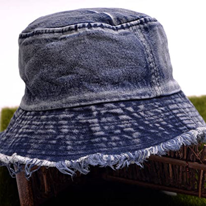 Cotton Denim Distressed Bucket Hat, Sun Hat, Hat for Men and Women - color: Bluc