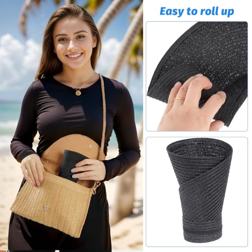 Straw Sun Visors Womens, Ponytail Beach Straw Visor, Packable Summer Sun Hats for Women Travel - color: Black