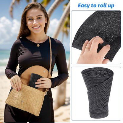 Straw Sun Visors Womens, Ponytail Beach Straw Visor, Packable Summer Sun Hats for Women Travel - color: Black