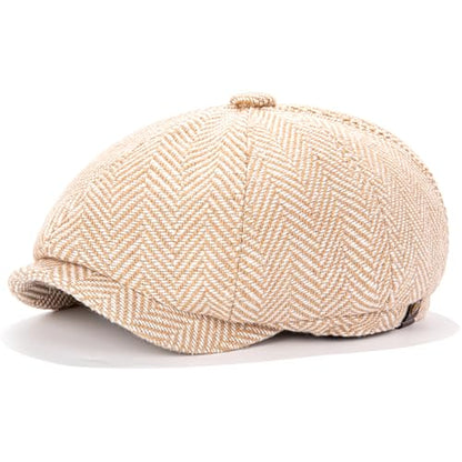 Men's Wool Newsboy Cap 8-Panel Tweed Taxi Hat Herringbone Gatsby Flat Hats - color: Khaki