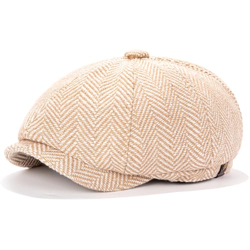 Men's Wool Newsboy Cap 8-Panel Tweed Taxi Hat Herringbone Gatsby Flat Hats - color: Khaki