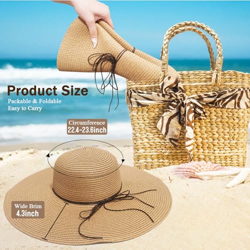 Beach Hats for Women, Straw Sun Hat Floppy Wide Brim, Foldable UPF 50+ UV Protection Summer Hat - color: Khaki