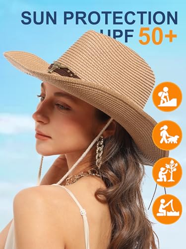 Straw Cowboy Sun Hat Western Cowgirl Women Men with Windproof Chin Strap - color: 카키