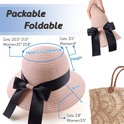 Zsedrut Women,Little Girls Straw Sun Hat Summer Beach Cap Foldable Visor Floppy Hats Wide Brim with Bowknot - color: Pink, size: 2-4T