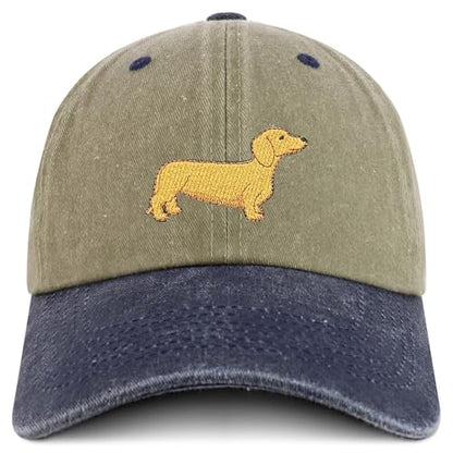 Trendy Apparel Shop Dachshund Embroidered Dog Theme Low Profile Dad Hat Cotton Cap - color: Khaki Navy