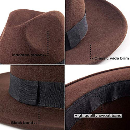 Felt Wide Brim Fedora Hats for Women Men, with Band Belt Buckle, Adjustable - color: 003 Coffee
