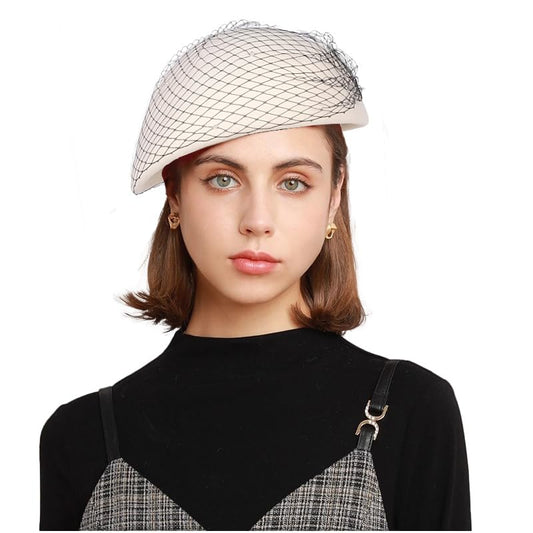 Vintage Wool French Beret Hat with Mesh Veil, Crystal Brooch Accent, Classic Beanie Winter Cap - color: White With Mesh Veil
