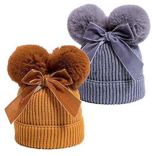 YATEEN Infant Toddler Baby Knitting Woolen Hat Winter Warm Double Pompom Beanie Cap with Bow - color: 2 Pack Yellow / Gray