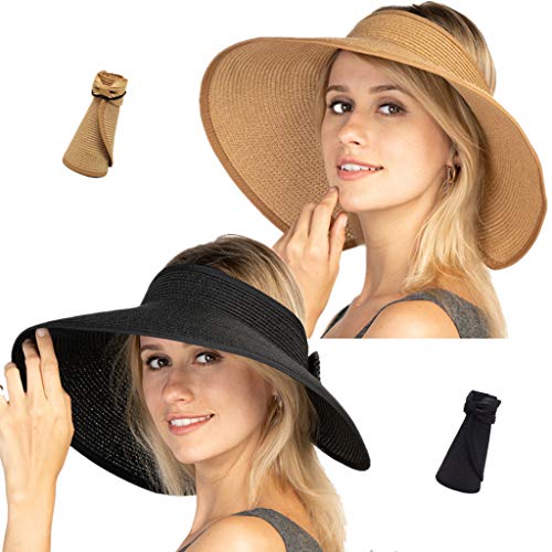 Women Sun Visors Foldable Straw Hats Summer Beach Packable Hat Floppy Wide Brim Cap Deep Style, Adjustable Size - color: Black+khaki