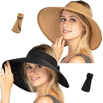 Women Sun Visors Foldable Straw Hats Summer Beach Packable Hat Floppy Wide Brim Cap Deep Style, Adjustable Size - color: Black+khaki