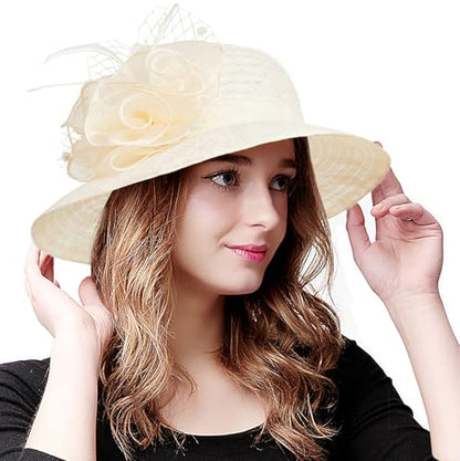 Women's Organza Derby Fascinator Hat Cloche Bowler Hat Cocktail Tea Party Wedding Sun Hat - color: A6-beige