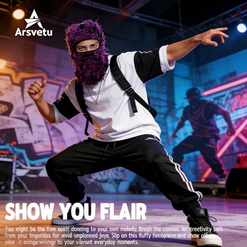 Distressed Ski Mask Balaclava, Yeat Shiesty Knitted Full-Face Mask - color: Purpleblack