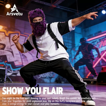 Distressed Ski Mask Balaclava, Yeat Shiesty Knitted Full-Face Mask - color: Purpleblack