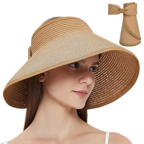 MAYLISACC Foldable Straw Sun Visors for Women, Sun Protecetion Wide Brim Sun Hats Adjustable Topless Beach Hat - color: Khaki