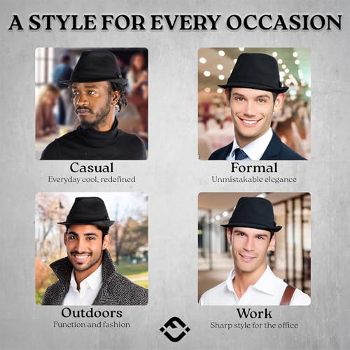 Funky Junque Fedora Hats for Men – Classic Wool Blend Trilby Dress Hat, Short Brim Men’s Fedoras for Formal & Casual Wear - color: Black, size: 6 3/4-7 1/8