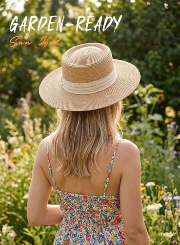 Straw Sun Hats for Women Summer Beach Wide Brim Boater Hat Fashion Travel Vacation Fedora Panama UPF 50+ - color: Khaki Beige