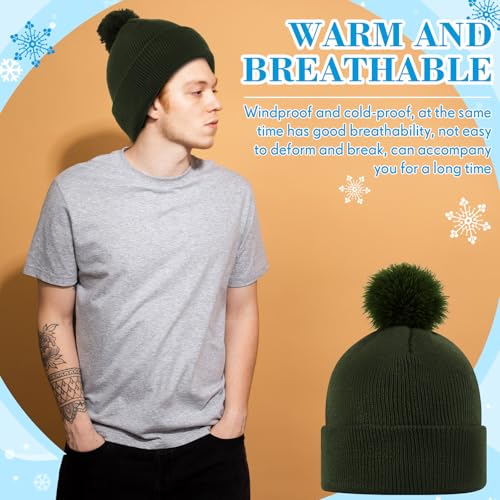 Geyoga 2 Pcs Pom Beanie Hat Men Women Winter Hat Pom Knit Cap Beanies with Ball at Top Acrylic Winter Cap with Cuff - color: Coffee, Dark Green, style: Classical