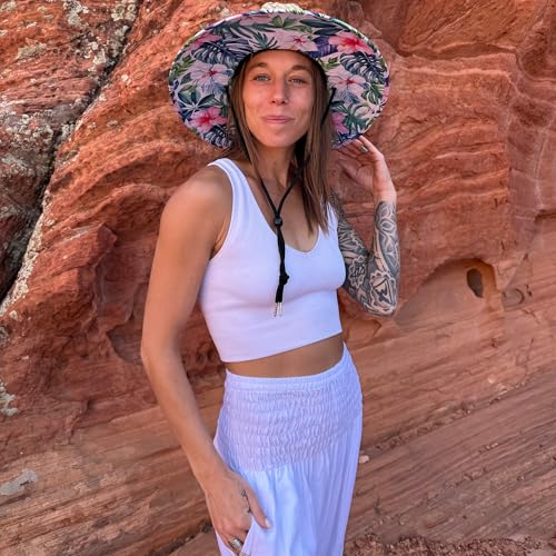 Women's Wide Brim Straw Sun Hat for Beach, Lifeguard Style, Hand-Woven Rush & Mat, Adjustable Chin Drawstring - color: The Tenley