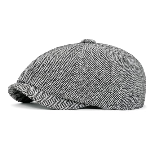 Men 8 Panel Newsboy Cap Classic Irish Gatsby Paperboy Ivy Newsies Herringbone Golf Cabbie Flat Wool Blend Winter Hat - color: Gray