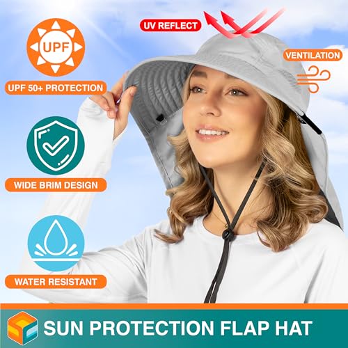 SUN CUBE Wide Brim Sun Hat with Neck Flap for Men Women, UPF50+ Fishing - color: Light Grey